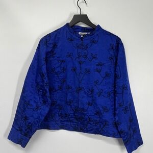 Chicos Design 100% Silk Jacket Size 3 Blue Embroidered Mandarin Collar Zip Front